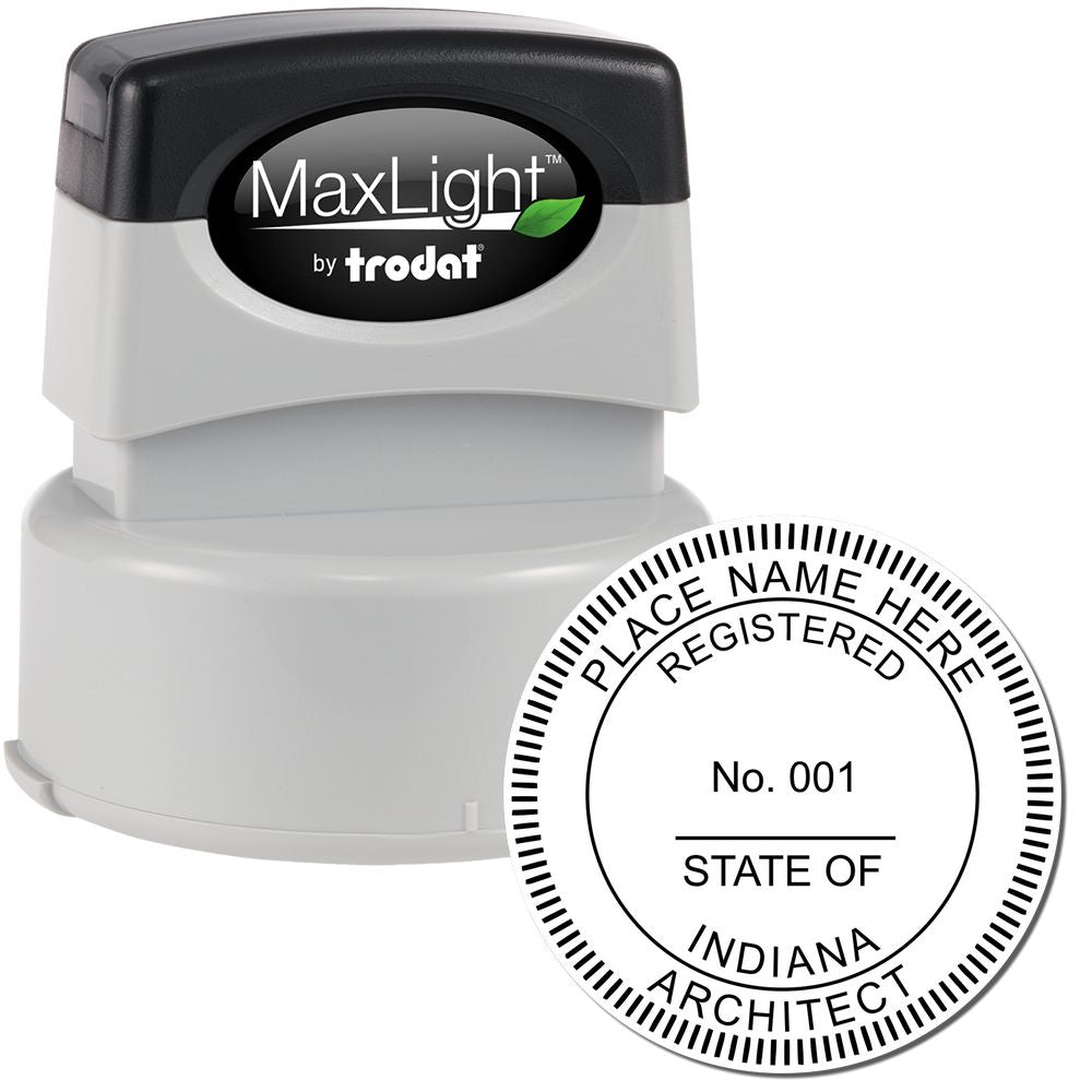 Premium MaxLight Pre-Inked Indiana Architectural Stamp with a round design, customizable text, and a black and gray handle.