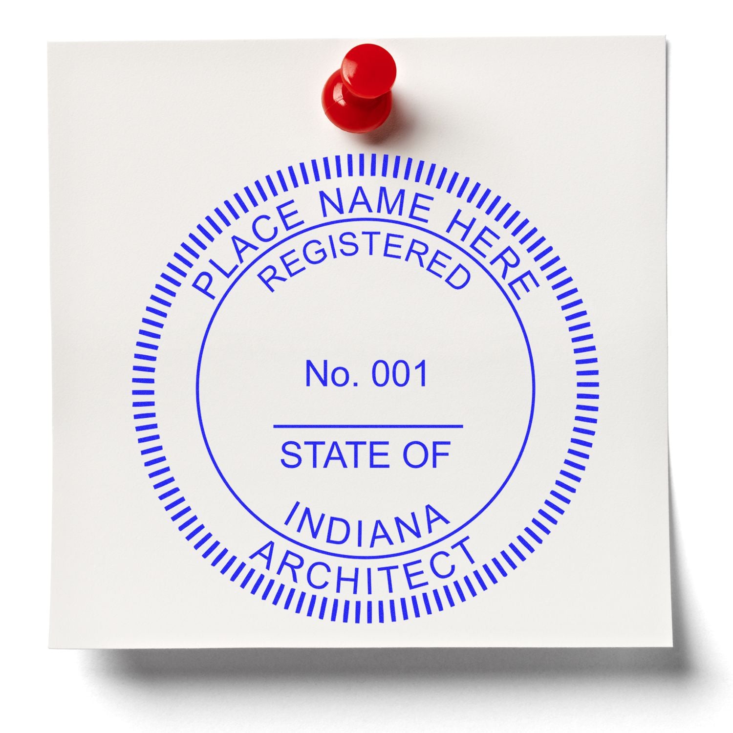 Digital Indiana Architect Stamp, Electronic Seal for Indiana Architect, displayed on a white note pinned with a red pushpin.