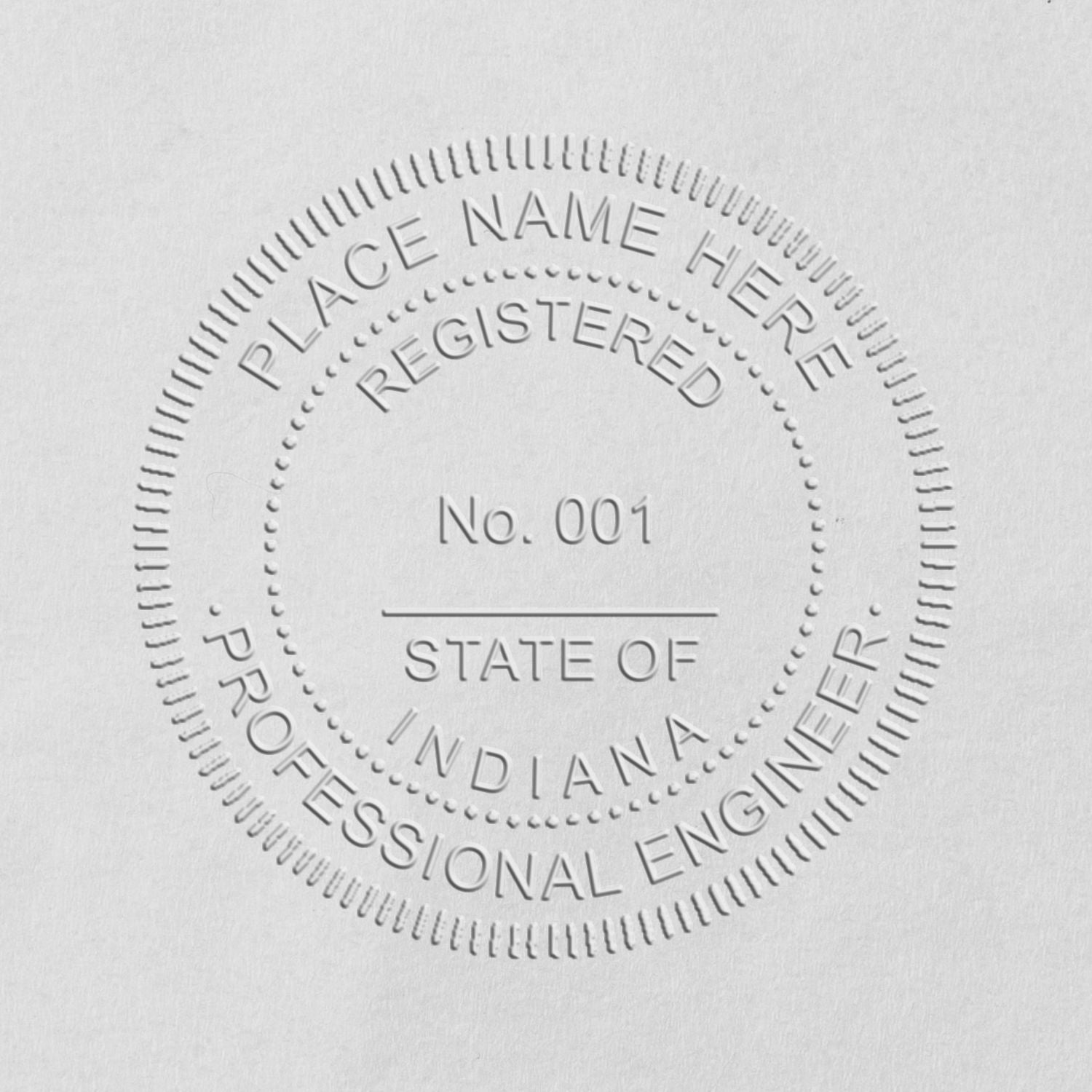 A lifestyle photo showing a stamped image of the Handheld Indiana Professional Engineer Embosser on a piece of paper
