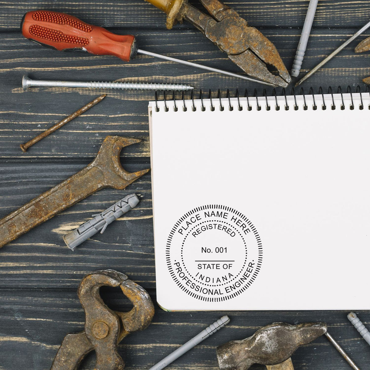 The Indiana Professional Engineer Seal Stamp stamp impression comes to life with a crisp, detailed photo on paper - showcasing true professional quality.