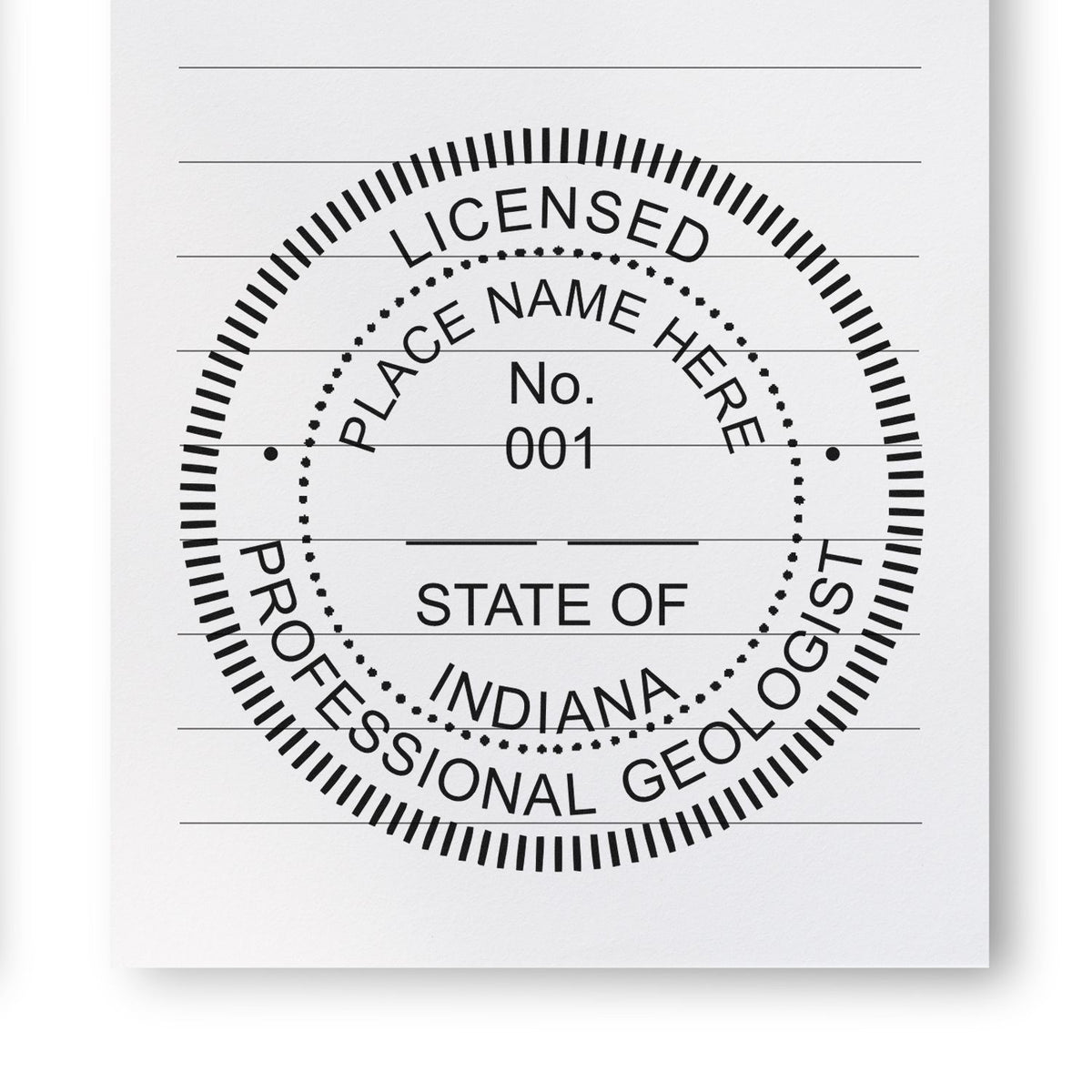 A photograph of the Slim Pre-Inked Indiana Professional Geologist Seal Stamp  impression reveals a vivid, professional image of the on paper.