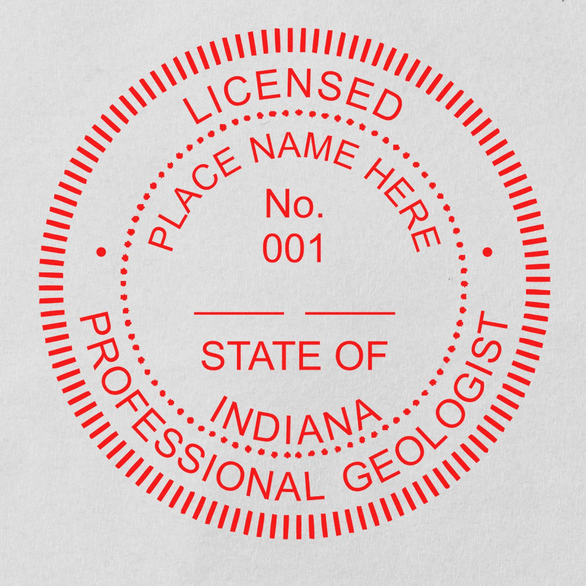 An in use photo of the Slim Pre-Inked Indiana Professional Geologist Seal Stamp showing a sample imprint on a cardstock