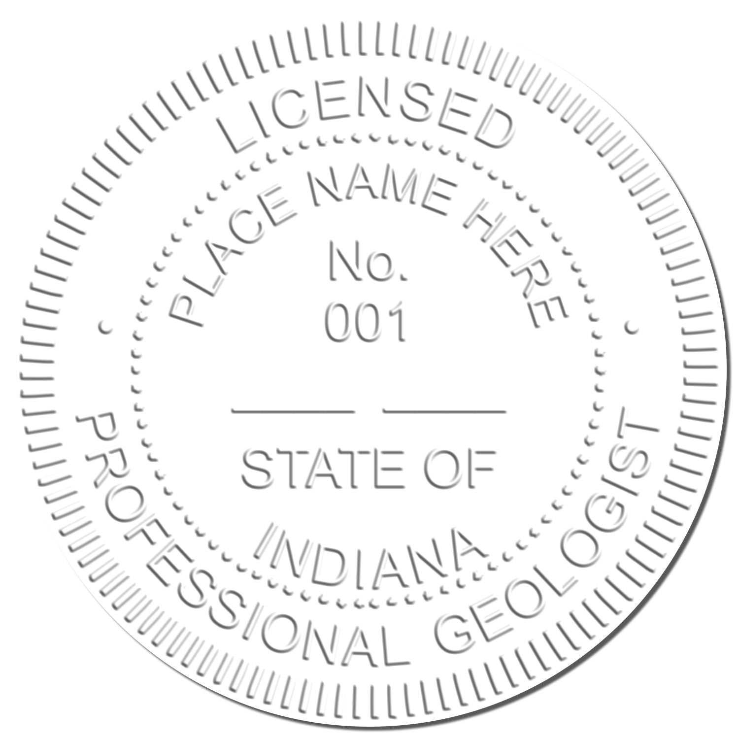 A photograph of the Hybrid Indiana Geologist Seal stamp impression reveals a vivid, professional image of the on paper.