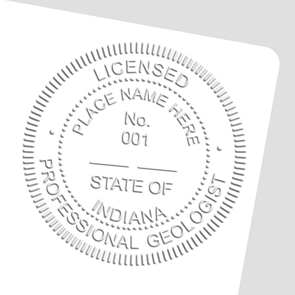 A photograph of the Soft Indiana Professional Geologist Seal stamp impression reveals a vivid, professional image of the on paper.