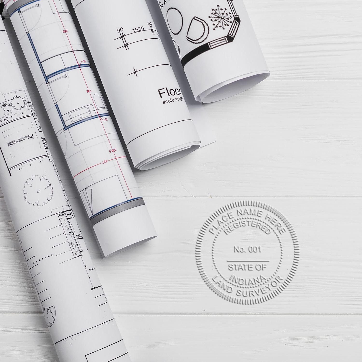 The Extended Long Reach Indiana Surveyor Embosser stamp impression comes to life with a crisp, detailed photo on paper - showcasing true professional quality.