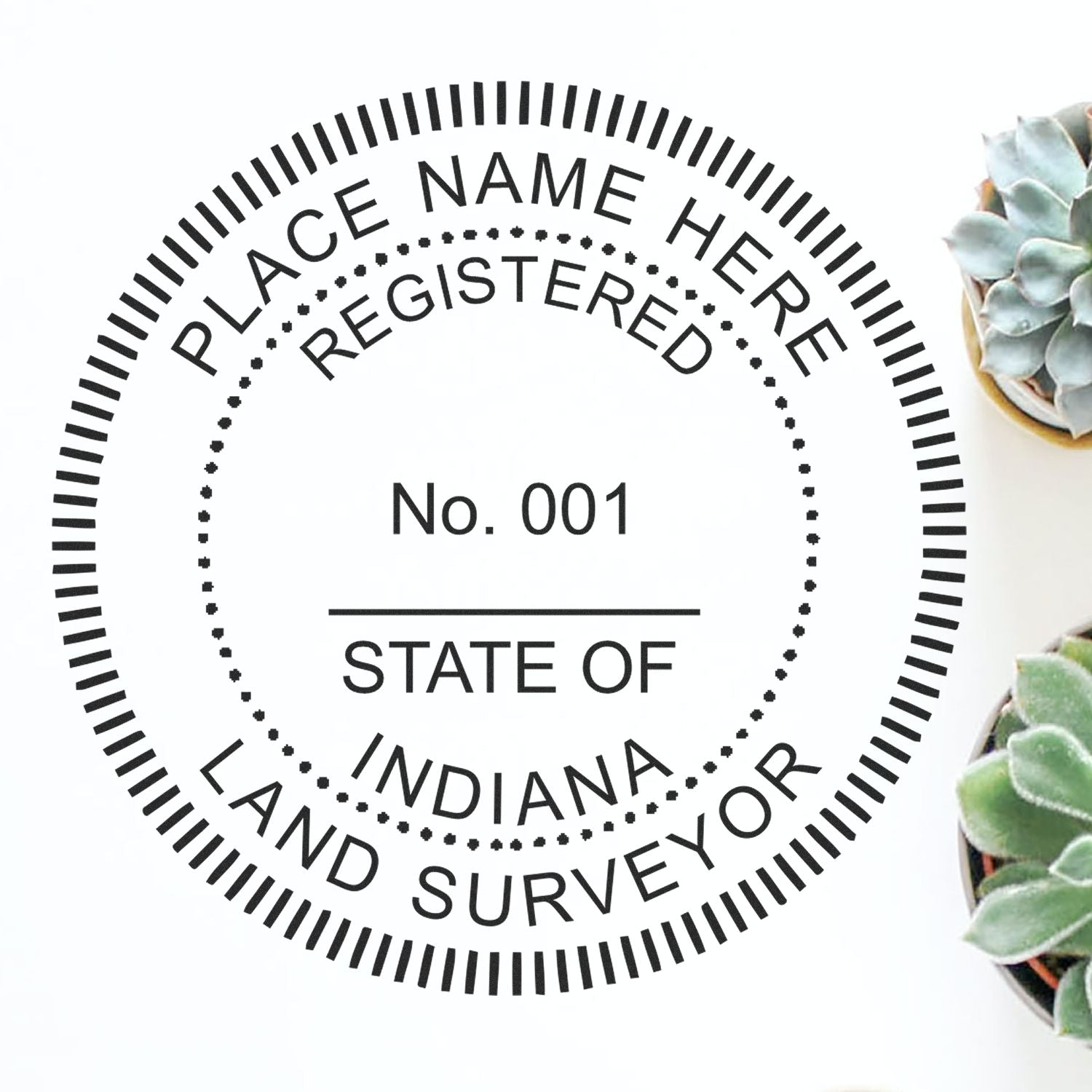 Digital Indiana Land Surveyor Stamp, Electronic Seal for Indiana Land Surveyor, circular design with placeholder text, surrounded by succulents.