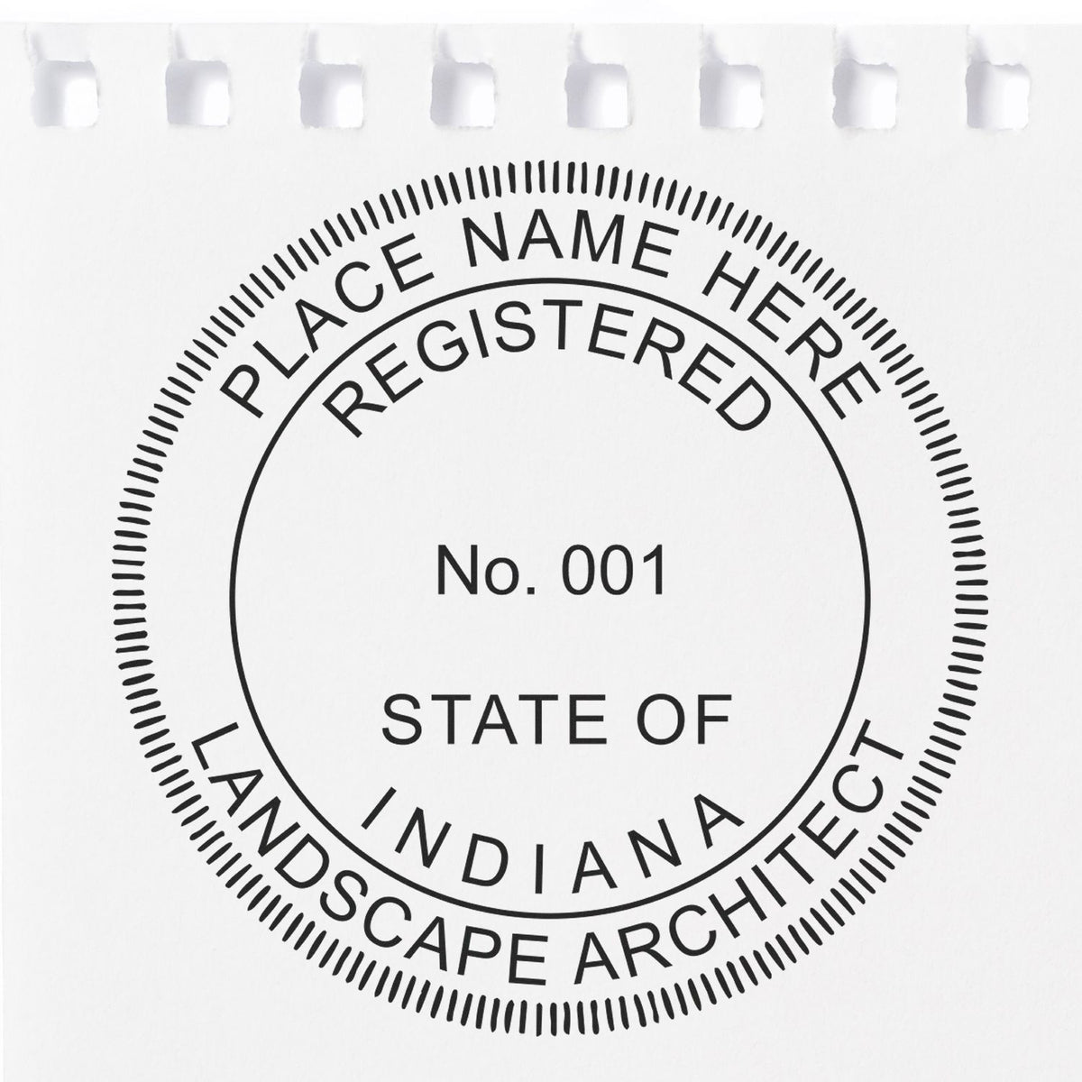 This paper is stamped with a sample imprint of the Indiana Landscape Architectural Seal Stamp, signifying its quality and reliability.