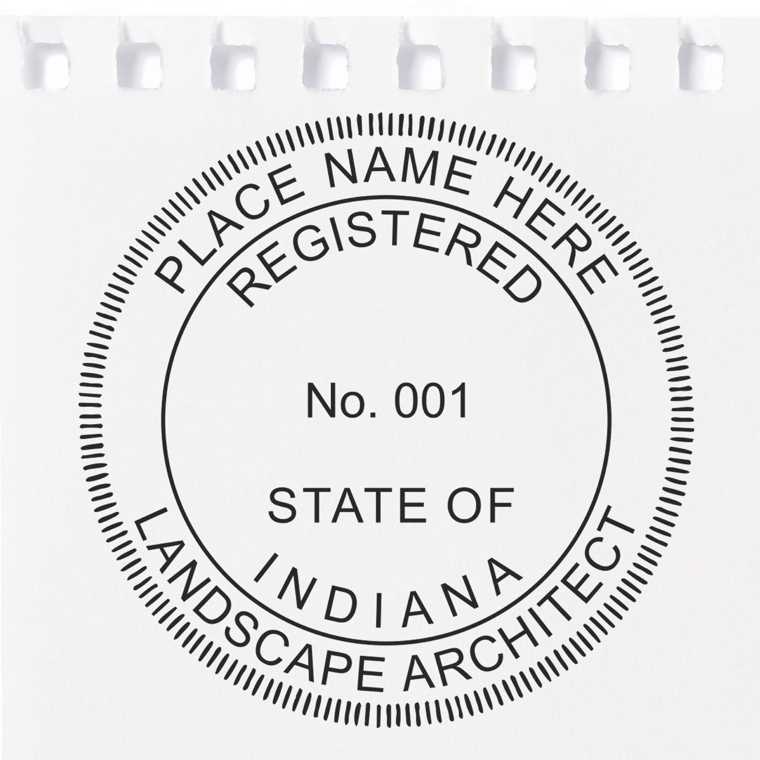 This paper is stamped with a sample imprint of the Premium MaxLight Pre-Inked Indiana Landscape Architectural Stamp, signifying its quality and reliability.