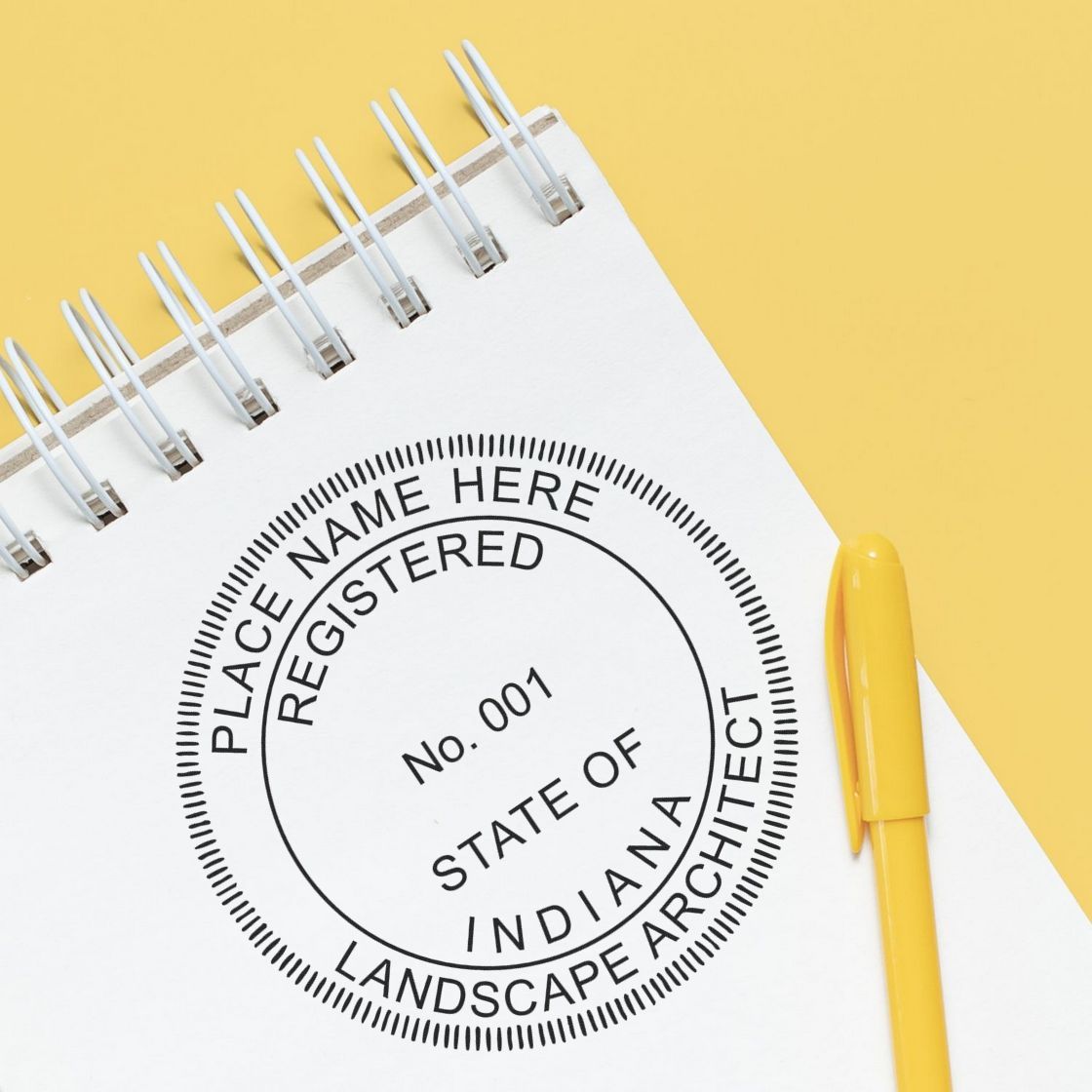 This paper is stamped with a sample imprint of the Slim Pre-Inked Indiana Landscape Architect Seal Stamp, signifying its quality and reliability.