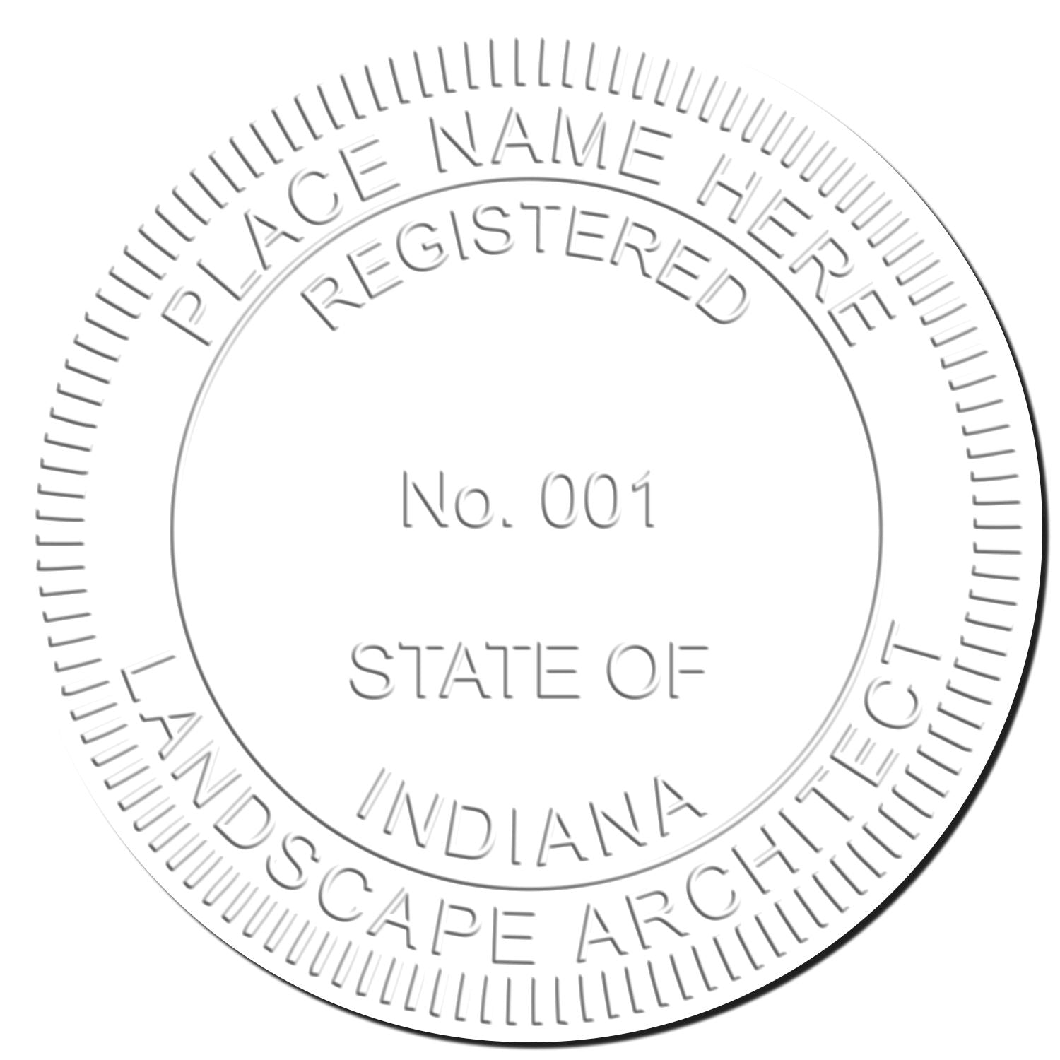 This paper is stamped with a sample imprint of the Indiana Long Reach Landscape Architect Embossing Stamp, signifying its quality and reliability.