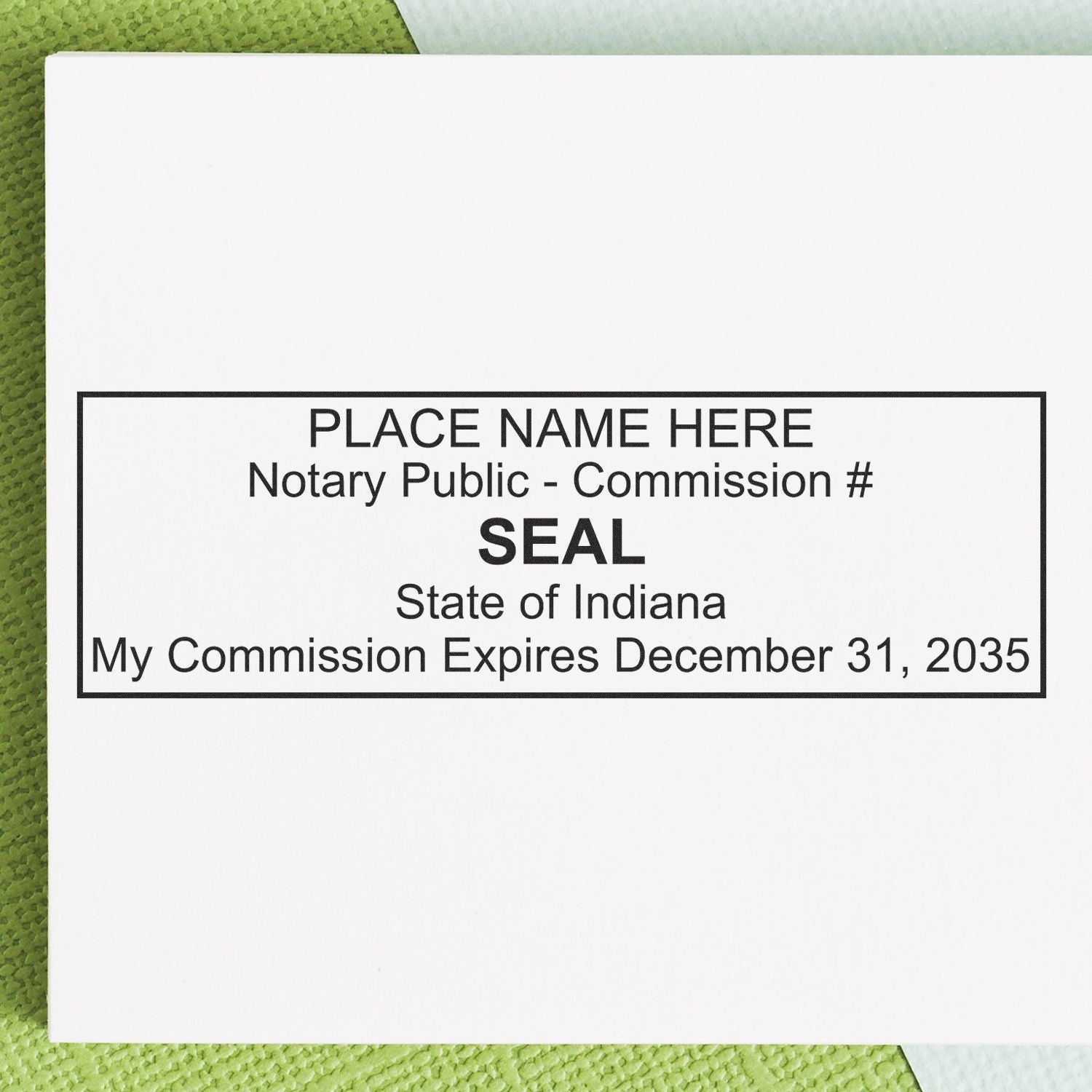 A photograph of the Indiana Rectangular Digital Notary Seal stamp impression reveals a vivid, professional image of the on paper.