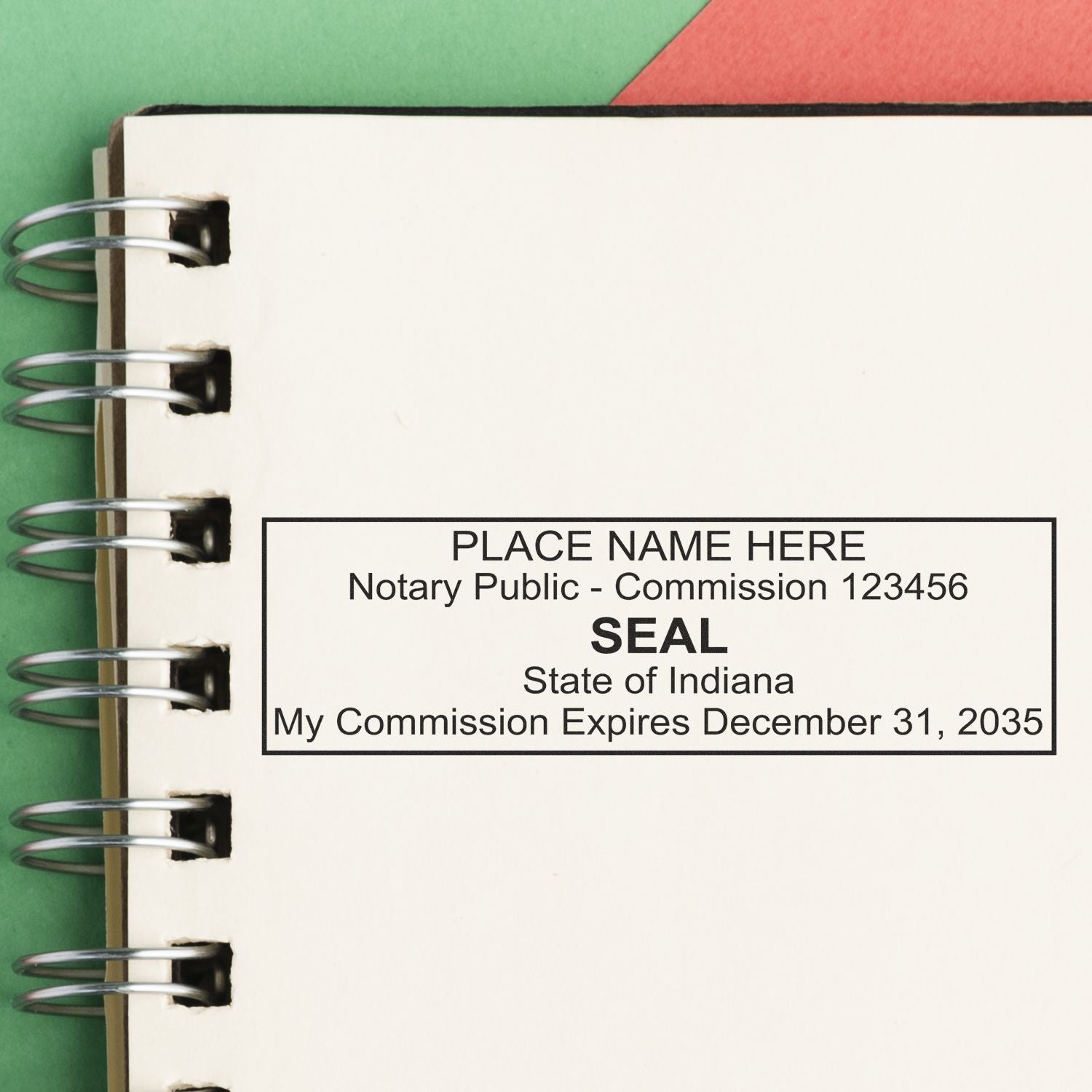 Indiana Rectangular Digital Notary Seal in use photo showing a stamped imprint of the Indiana Rectangular Digital Notary Seal