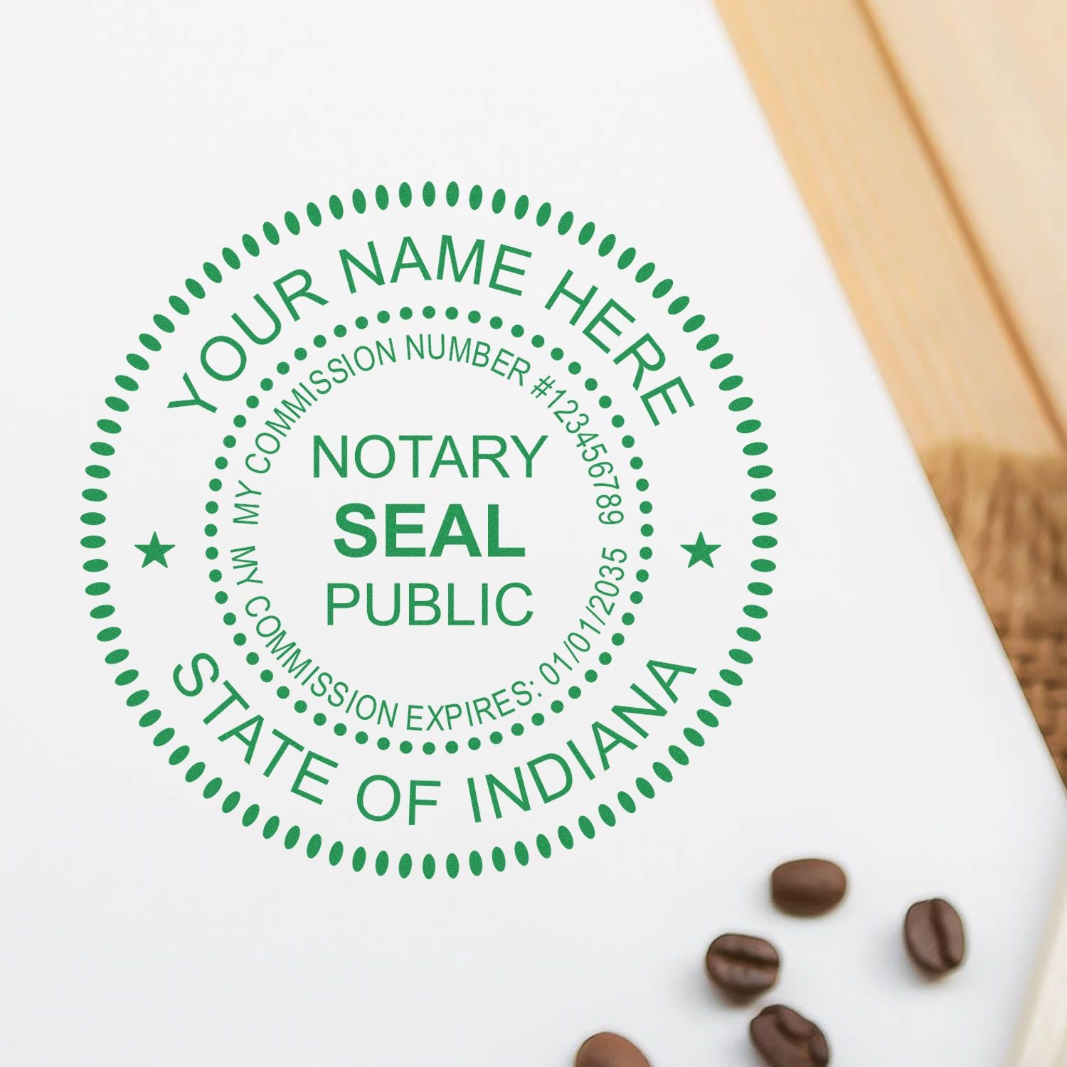 A photograph of the Round Indiana Notary Public Seal Stamp stamp impression reveals a vivid, professional image of the on paper.