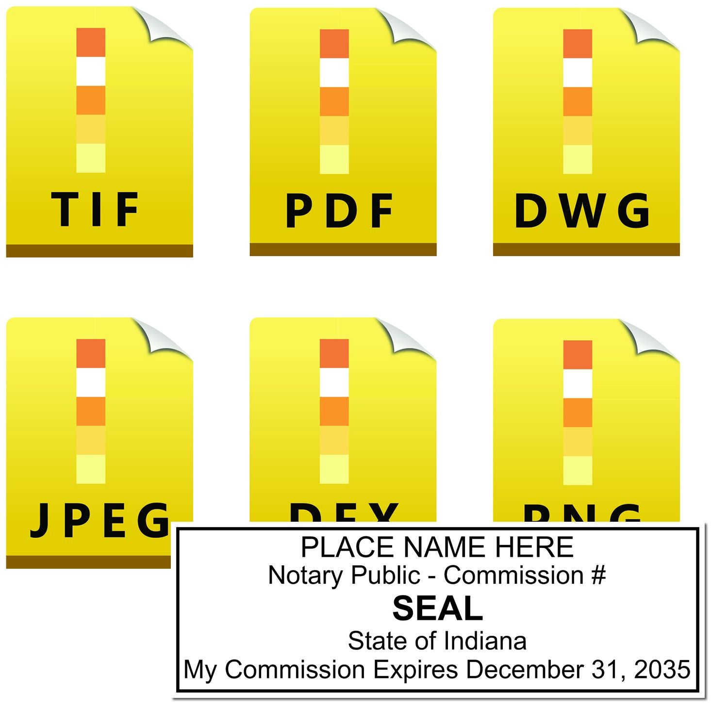 The main image for the Indiana Rectangular Digital Notary Seal depicting a sample of the imprint and electronic files