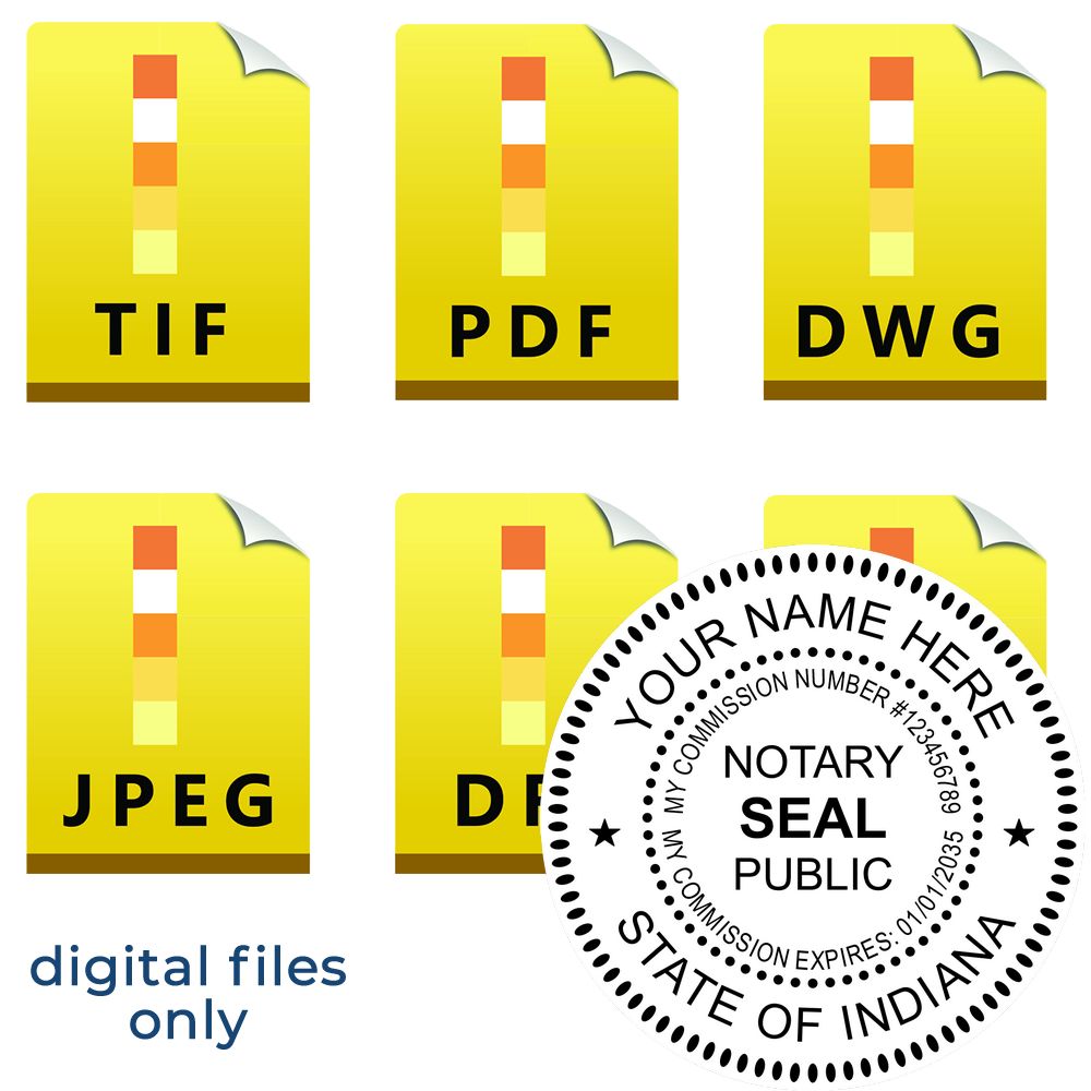 The main image for the Indiana Round Electronic Notary Stamp depicting a sample of the imprint and electronic files