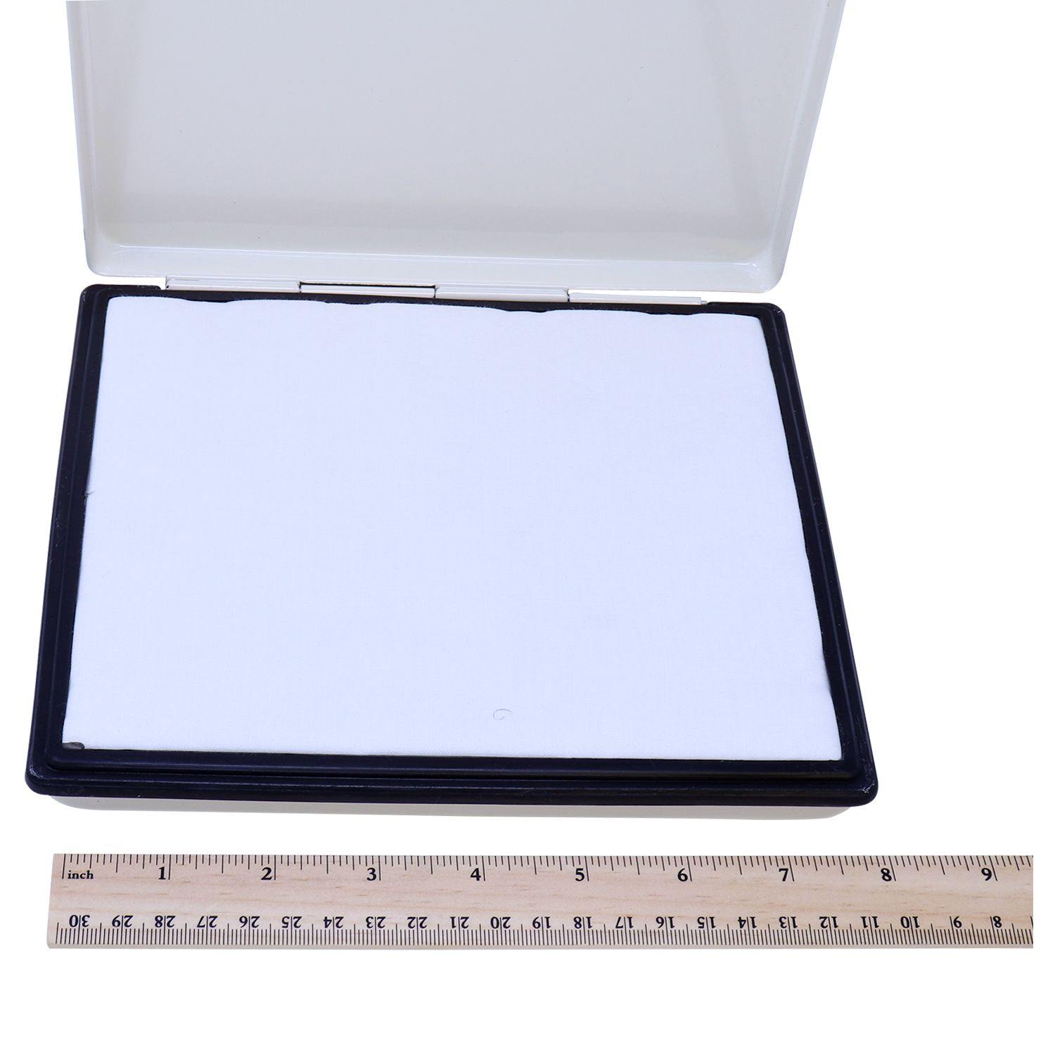 Industrial Large Stamp Pad 10 Size 6 x 8 shown open with a white pad inside, next to a wooden ruler for scale.