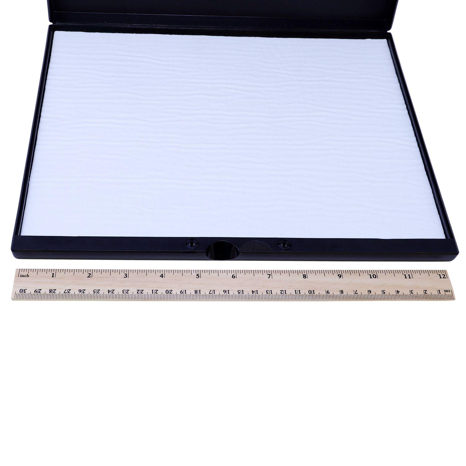 Industrial Rubber Stamp Pad LT Size 9-1/4 x 12-1/4 shown open with a white surface, black border, and a ruler for scale.