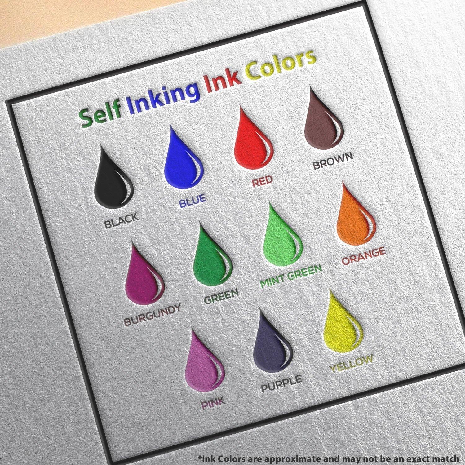 Color options for the Large Self Inking Good Work Stamp, featuring black, blue, red, brown, burgundy, green, mint green, orange, pink, purple, and yellow.