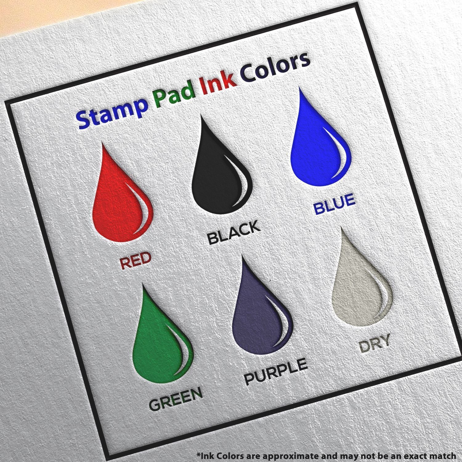 Image showing six ink colors for the One Color Replacement Ink Pad for 46130 Trodat Stamp: red, black, blue, green, purple, and dry.