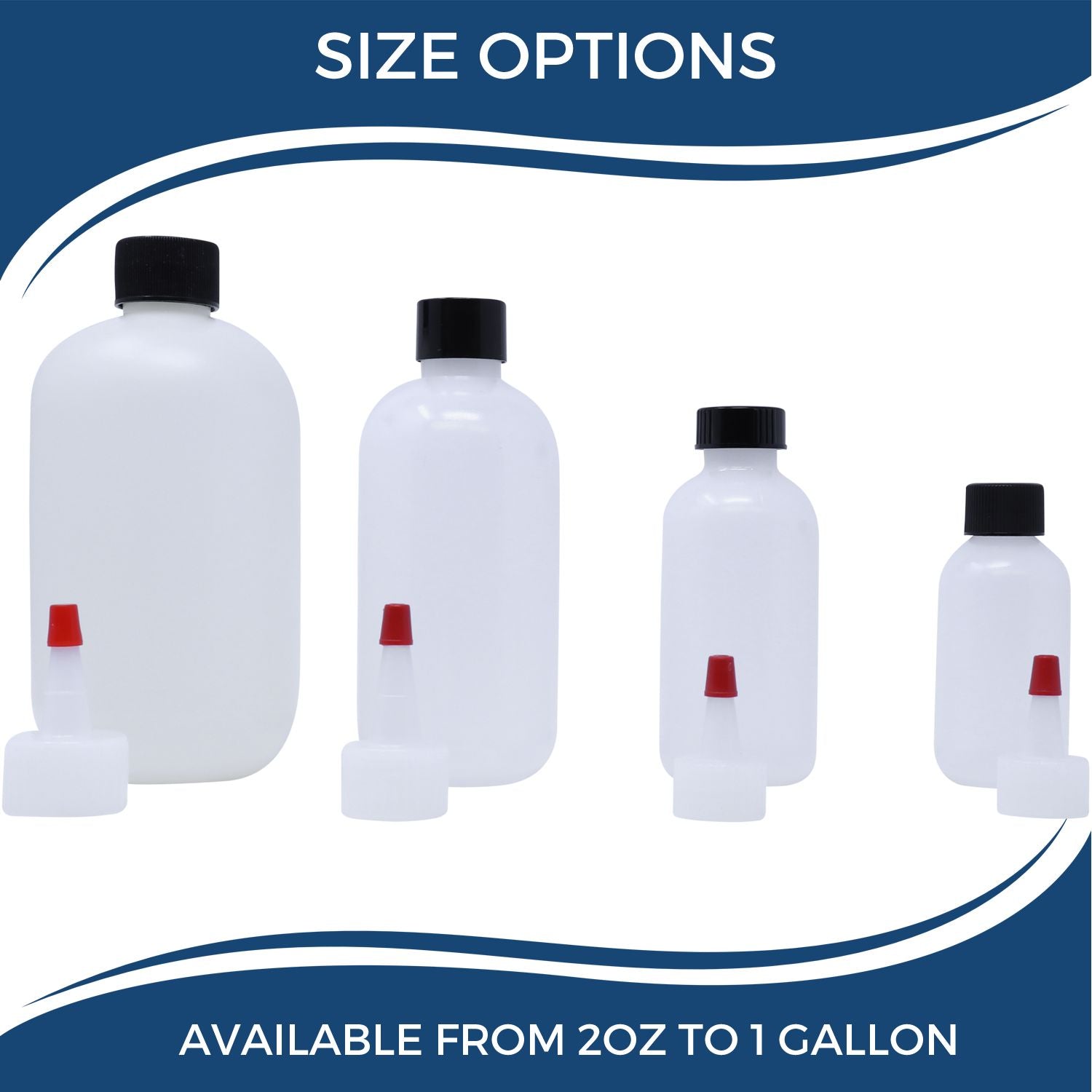 Various sizes of Rubber Stamp Cleaner bottles, ranging from 2oz to 1 gallon, displayed against a white background with size options text.