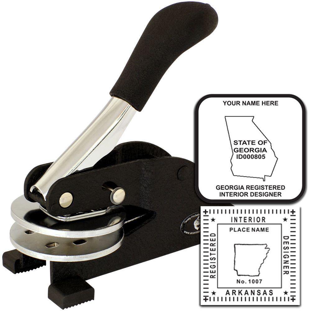 Interior Designer Desk Seal Embosser with a black handle, shown with sample embossed designs for Georgia and Arkansas interior designers.