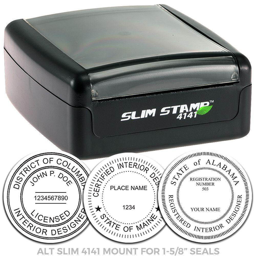 Interior Designer Slim Pre Inked Rubber Stamp of Seal, black casing, shown with various seal designs for different states and certifications.