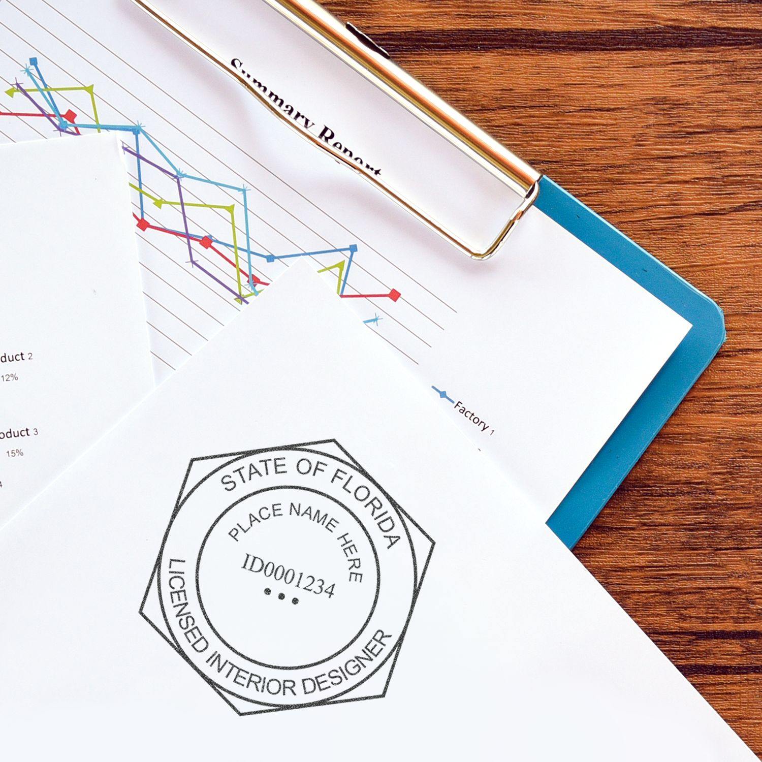 Interior Designer Self Inking Rubber Stamp of Seal used on a document, placed on a clipboard with a summary report in the background.