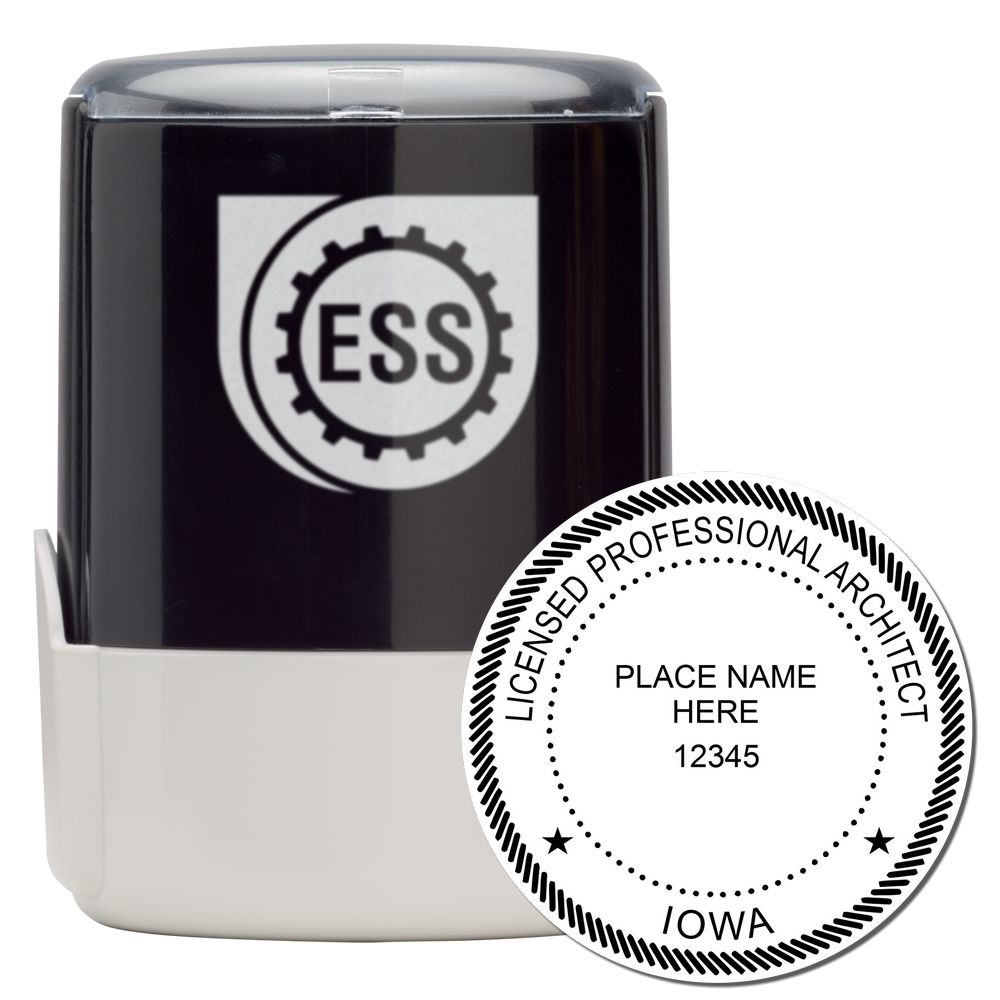 Self Inking Iowa Architect Stamp with a black and white design, featuring a circular seal for licensed professional architects in Iowa.