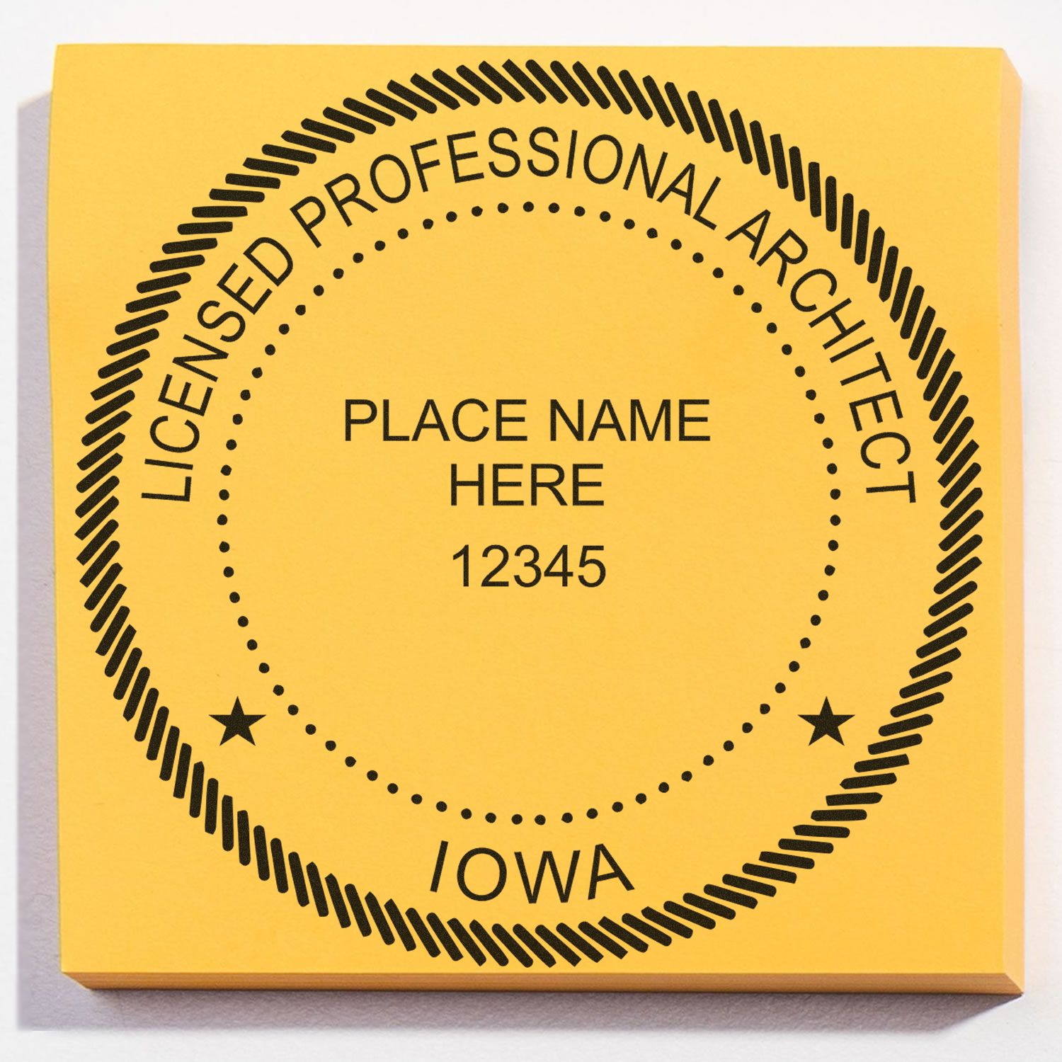 Premium MaxLight Pre-Inked Iowa Architectural Stamp with customizable name and number, displayed on a yellow background.