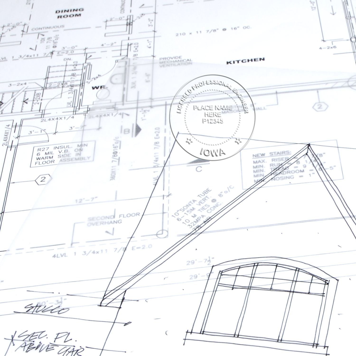 This paper is stamped with a sample imprint of the Handheld Iowa Professional Engineer Embosser, signifying its quality and reliability.