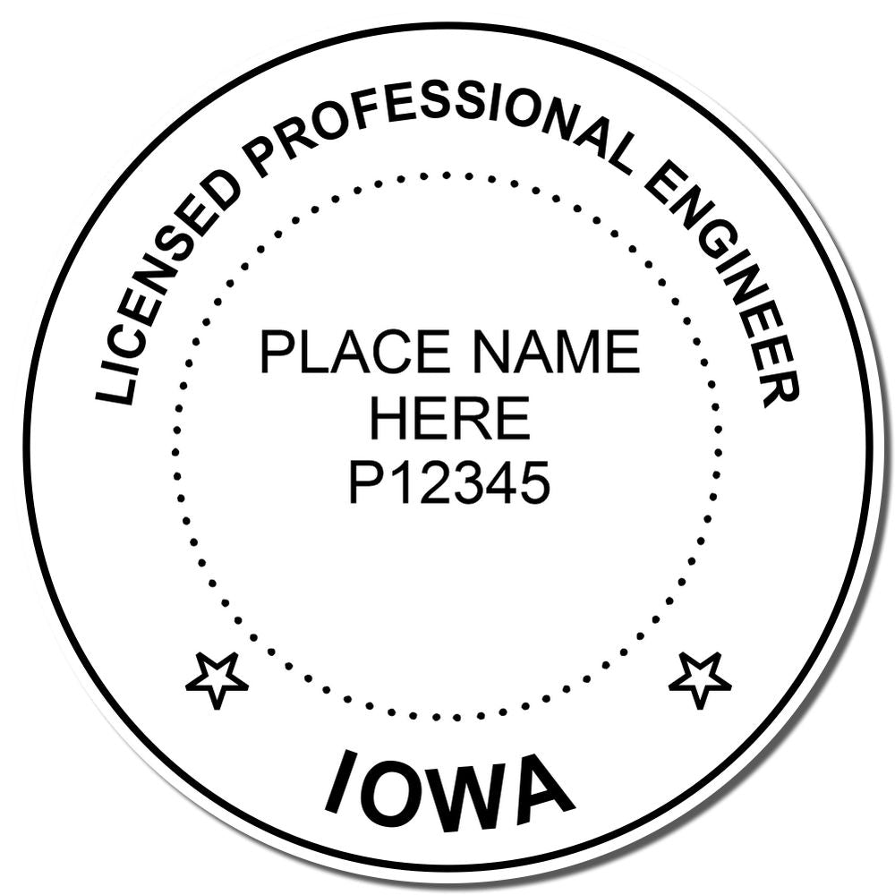 A photograph of the Slim Pre-Inked Iowa Professional Engineer Seal Stamp stamp impression reveals a vivid, professional image of the on paper.