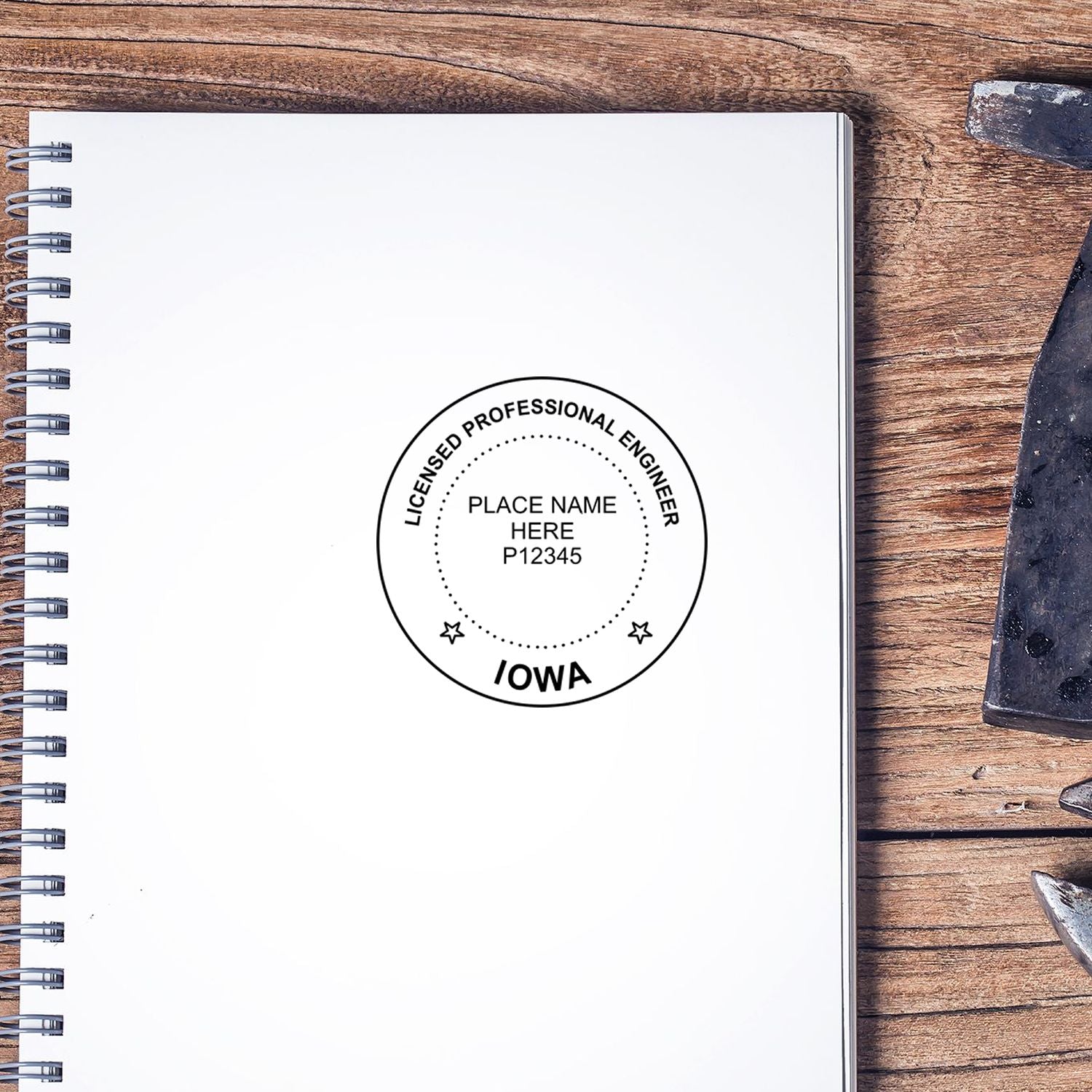 A stamped impression of the Self-Inking Iowa PE Stamp in this stylish lifestyle photo, setting the tone for a unique and personalized product.