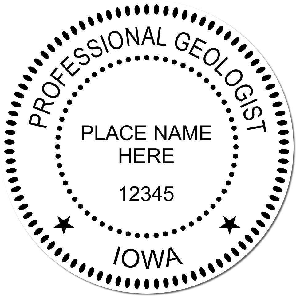 This paper is stamped with a sample imprint of the Slim Pre-Inked Iowa Professional Geologist Seal Stamp, signifying its quality and reliability.