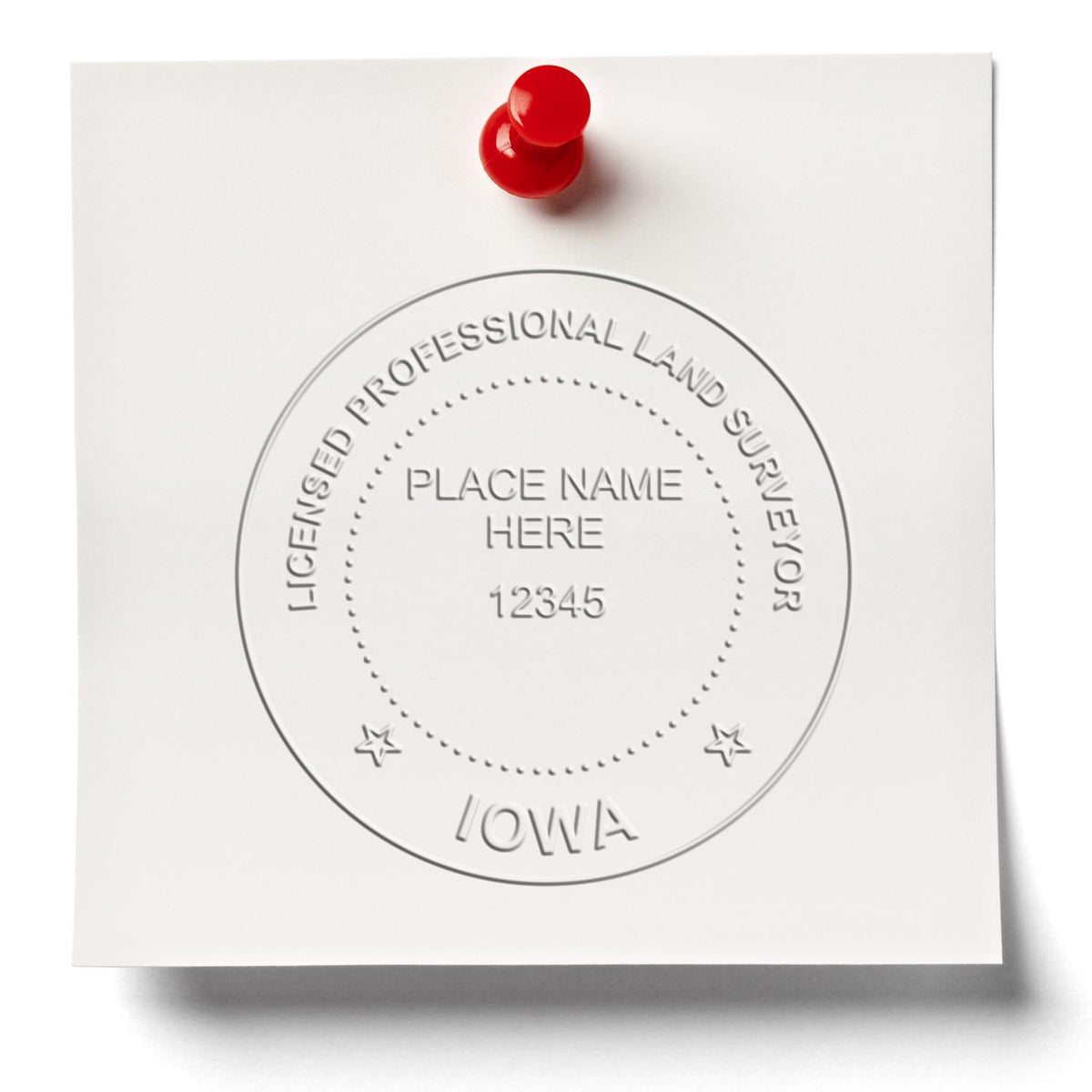 A lifestyle photo showing a stamped image of the State of Iowa Soft Land Surveyor Embossing Seal on a piece of paper