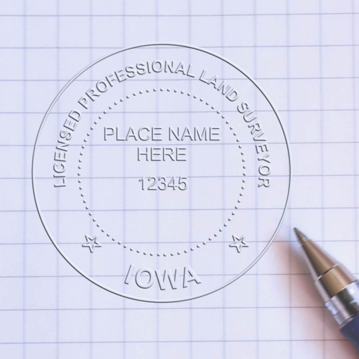 An alternative view of the Heavy Duty Cast Iron Iowa Land Surveyor Seal Embosser stamped on a sheet of paper showing the image in use