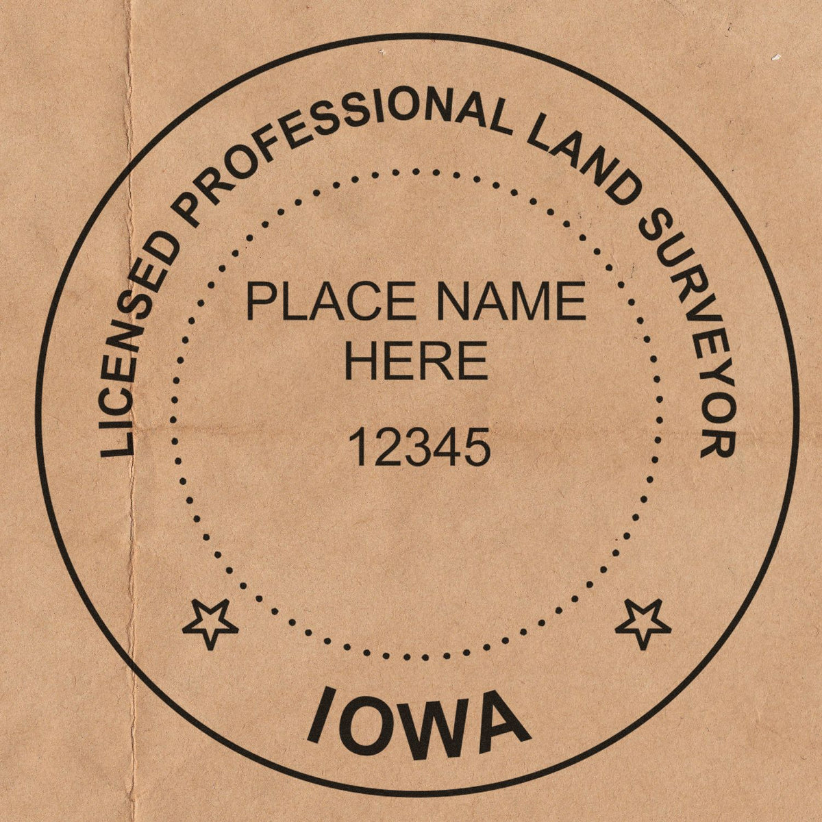 A lifestyle photo showing a stamped image of the Slim Pre-Inked Iowa Land Surveyor Seal Stamp on a piece of paper