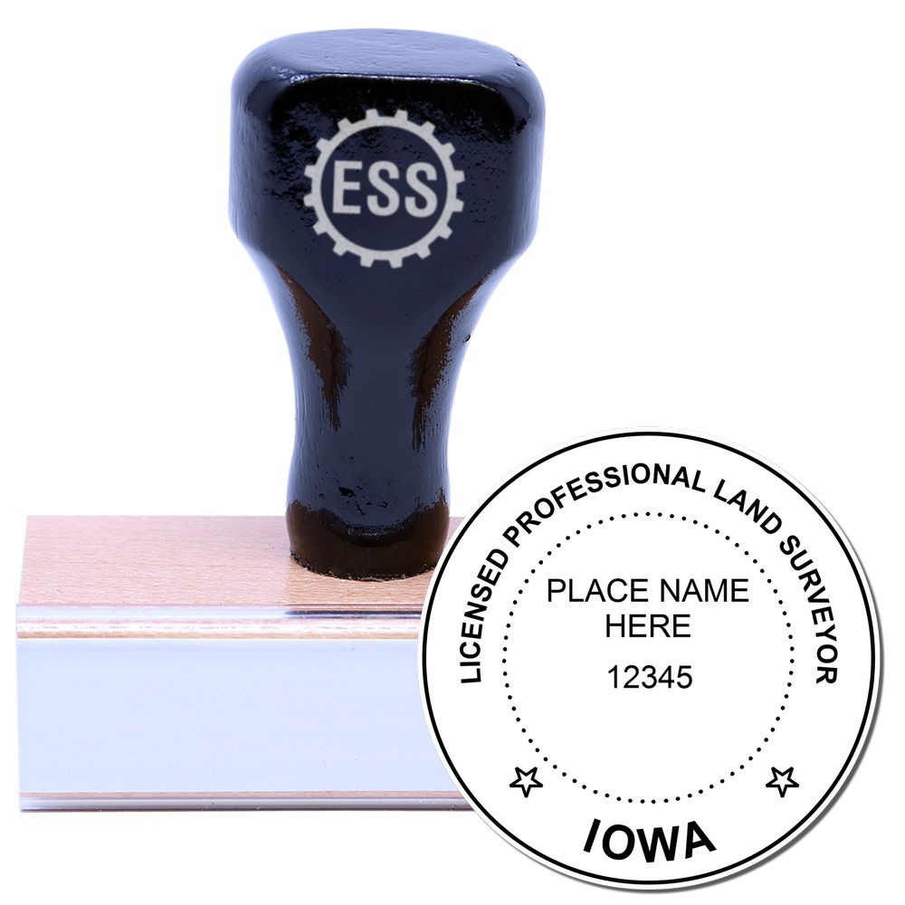 Iowa Land Surveyor Seal Stamp, IA PLS Stamp with wooden handle and engraved seal for licensed professional land surveyors in Iowa.