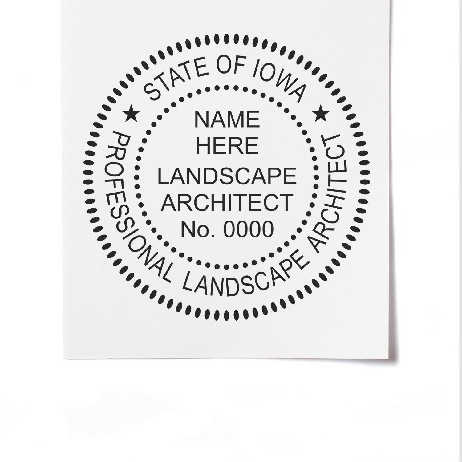 The main image for the Digital Iowa Landscape Architect Stamp depicting a sample of the imprint and electronic files