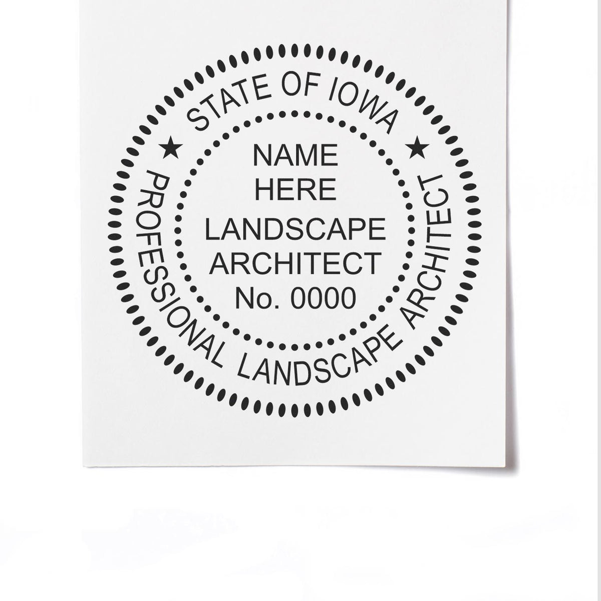 This paper is stamped with a sample imprint of the Premium MaxLight Pre-Inked Iowa Landscape Architectural Stamp, signifying its quality and reliability.