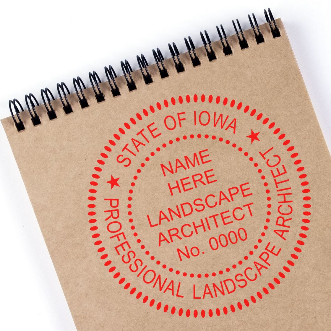 A stamped impression of the Self-Inking Iowa Landscape Architect Stamp in this stylish lifestyle photo, setting the tone for a unique and personalized product.