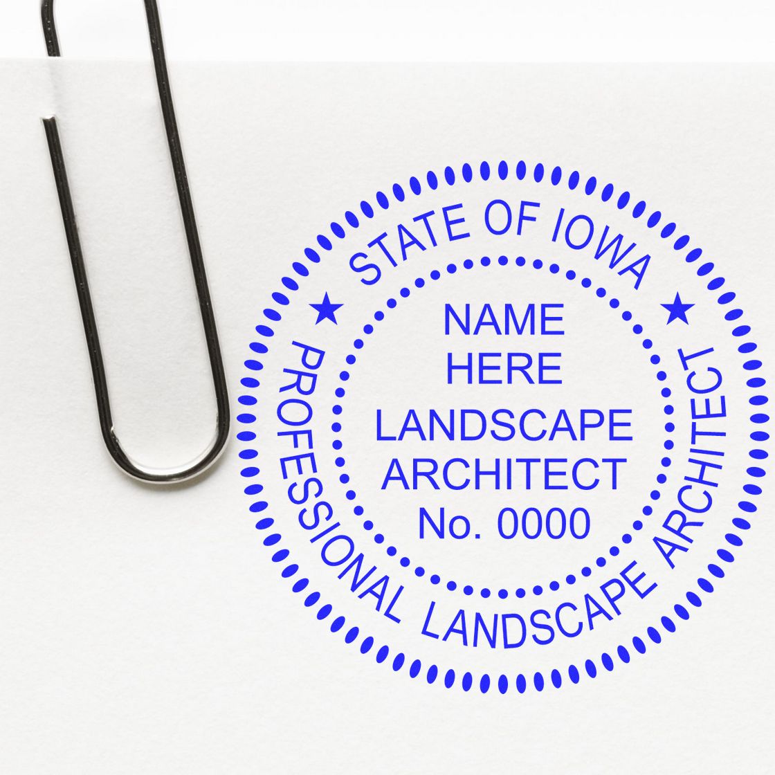 The main image for the Premium MaxLight Pre-Inked Iowa Landscape Architectural Stamp depicting a sample of the imprint and electronic files