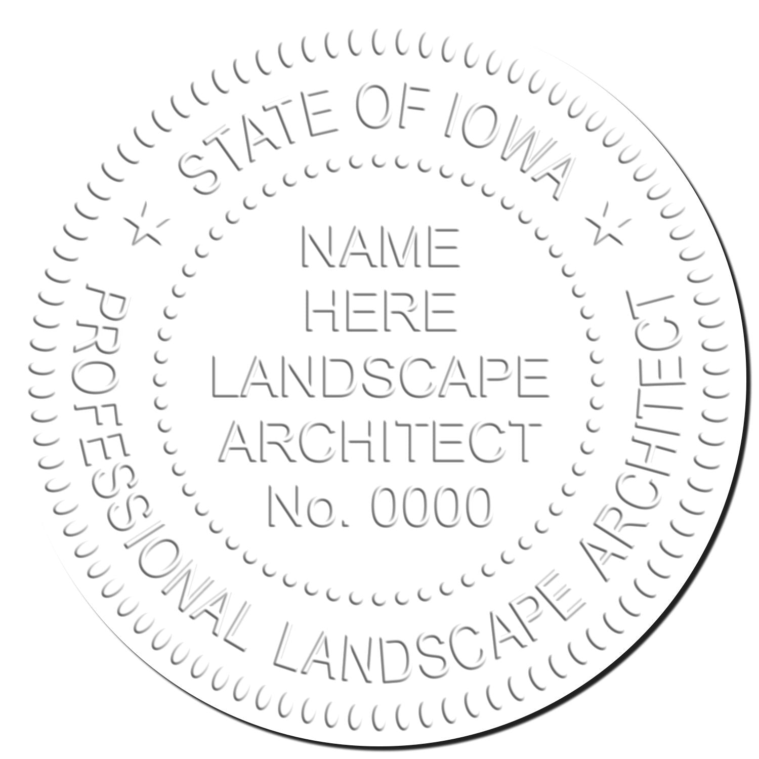 This paper is stamped with a sample imprint of the Iowa Long Reach Landscape Architect Embossing Stamp, signifying its quality and reliability.