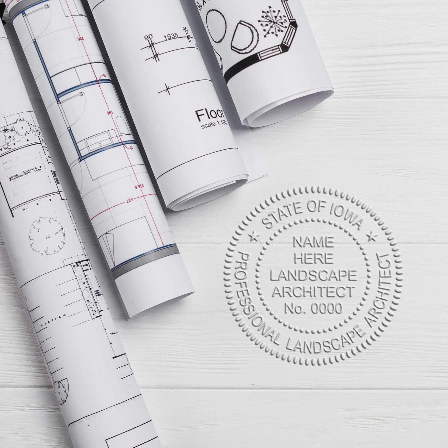 A photograph of the State of Iowa Extended Long Reach Landscape Architect Seal Embosser stamp impression reveals a vivid, professional image of the on paper.