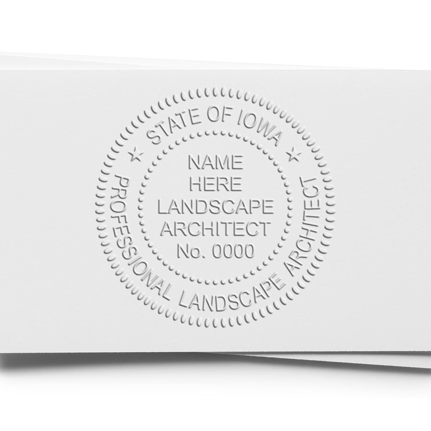 A photograph of the State of Iowa Handheld Landscape Architect Seal stamp impression reveals a vivid, professional image of the on paper.