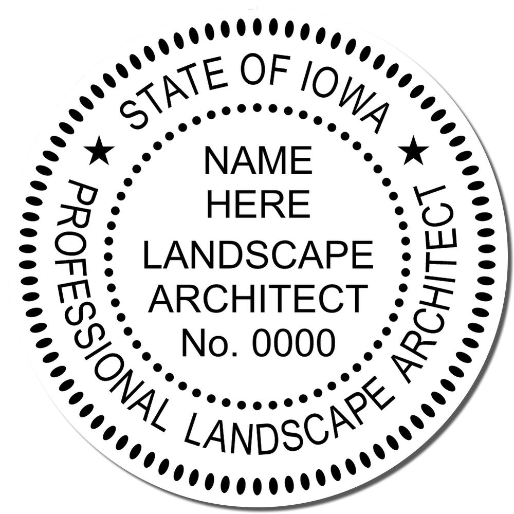 An alternative view of the Iowa Landscape Architectural Seal Stamp stamped on a sheet of paper showing the image in use