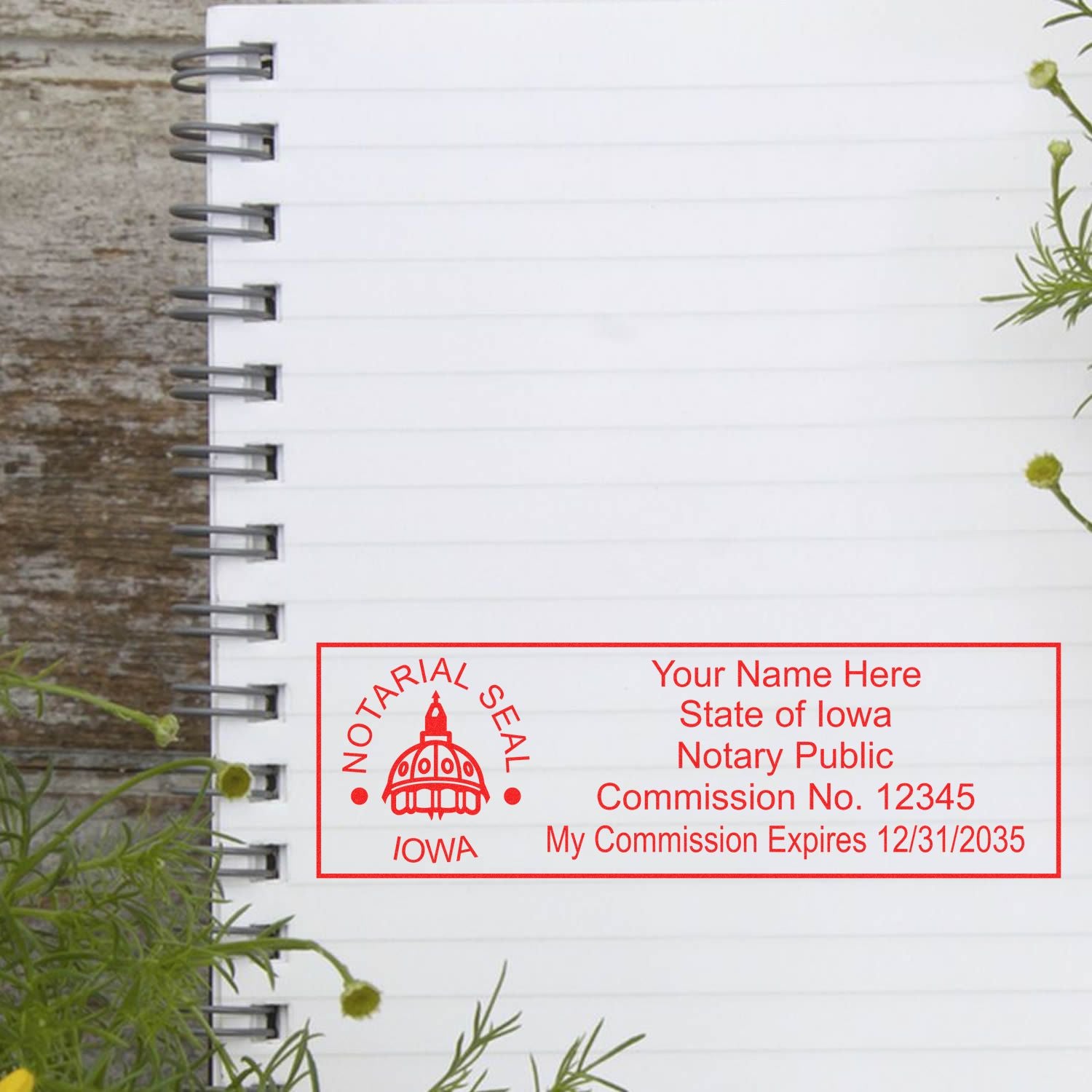 The Self-Inking State Seal Iowa Notary Stamp stamp impression comes to life with a crisp, detailed photo on paper - showcasing true professional quality.