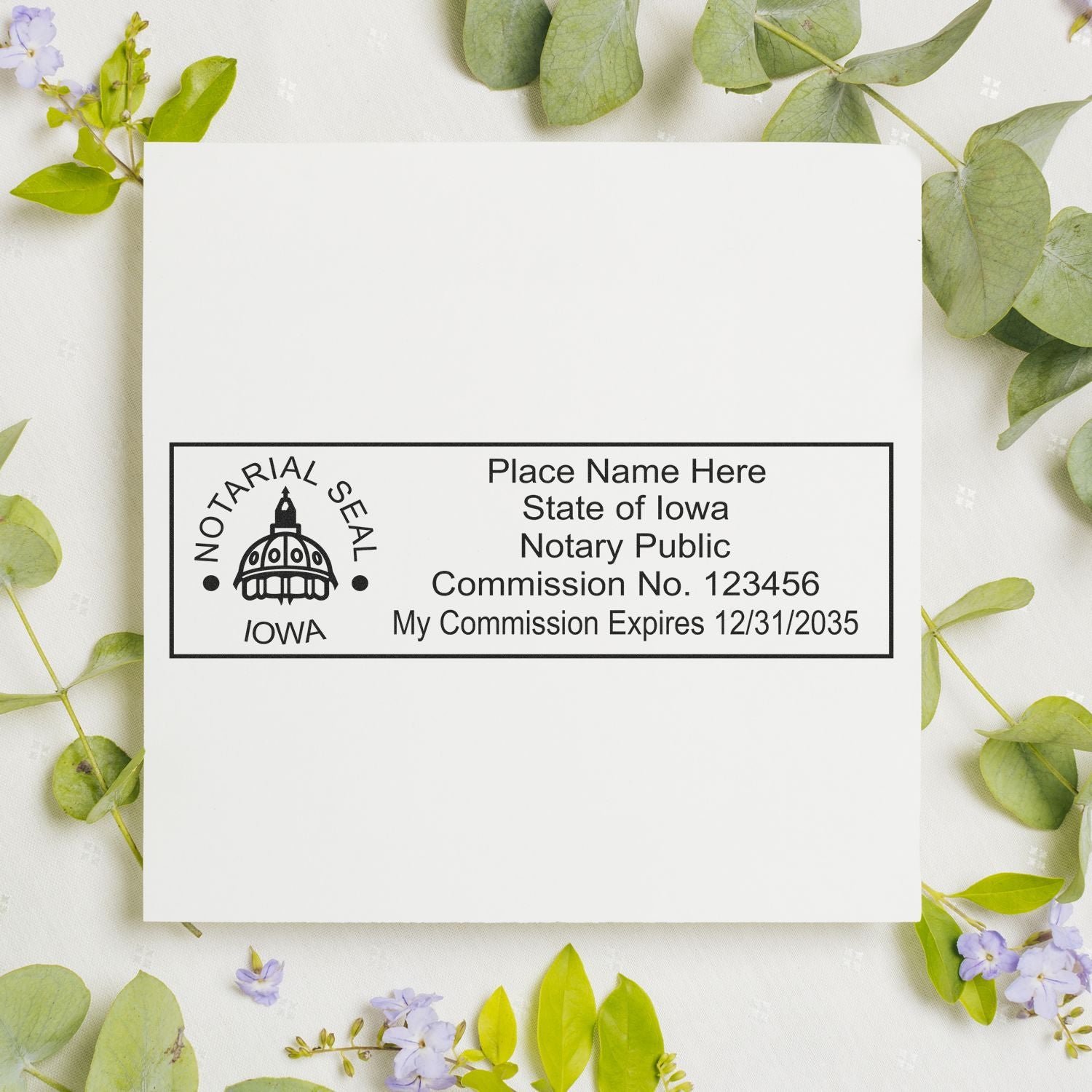 The Super Slim Iowa Notary Public Stamp stamp impression comes to life with a crisp, detailed photo on paper - showcasing true professional quality.