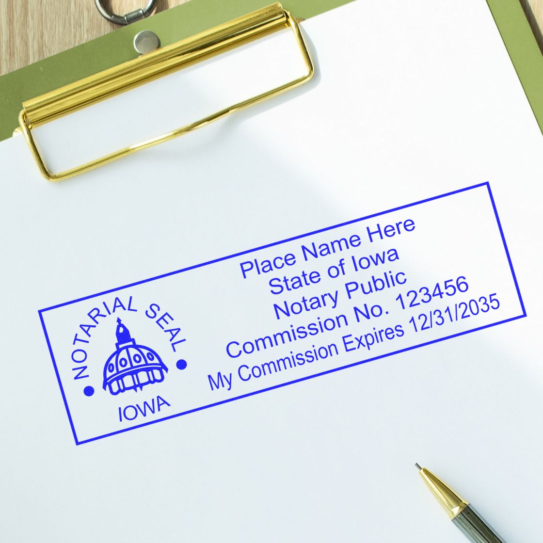 The Iowa Rectangular Digital Notary Seal stamp impression comes to life with a crisp, detailed photo on paper - showcasing true professional quality.