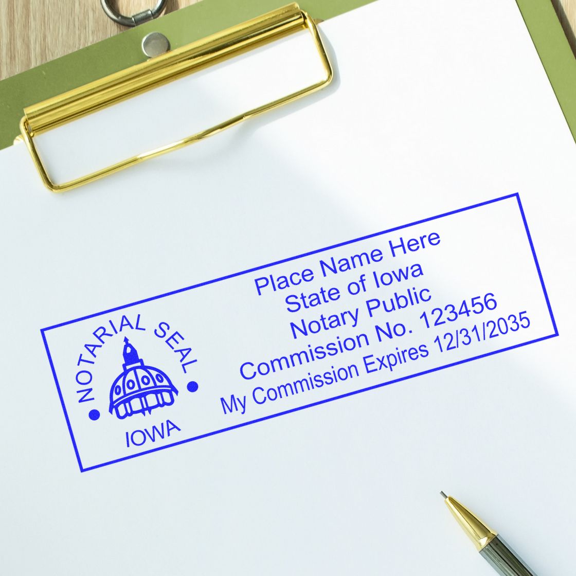 Slim Pre-Inked State Seal Notary Stamp for Iowa in use photo showing a stamped imprint of the Slim Pre-Inked State Seal Notary Stamp for Iowa