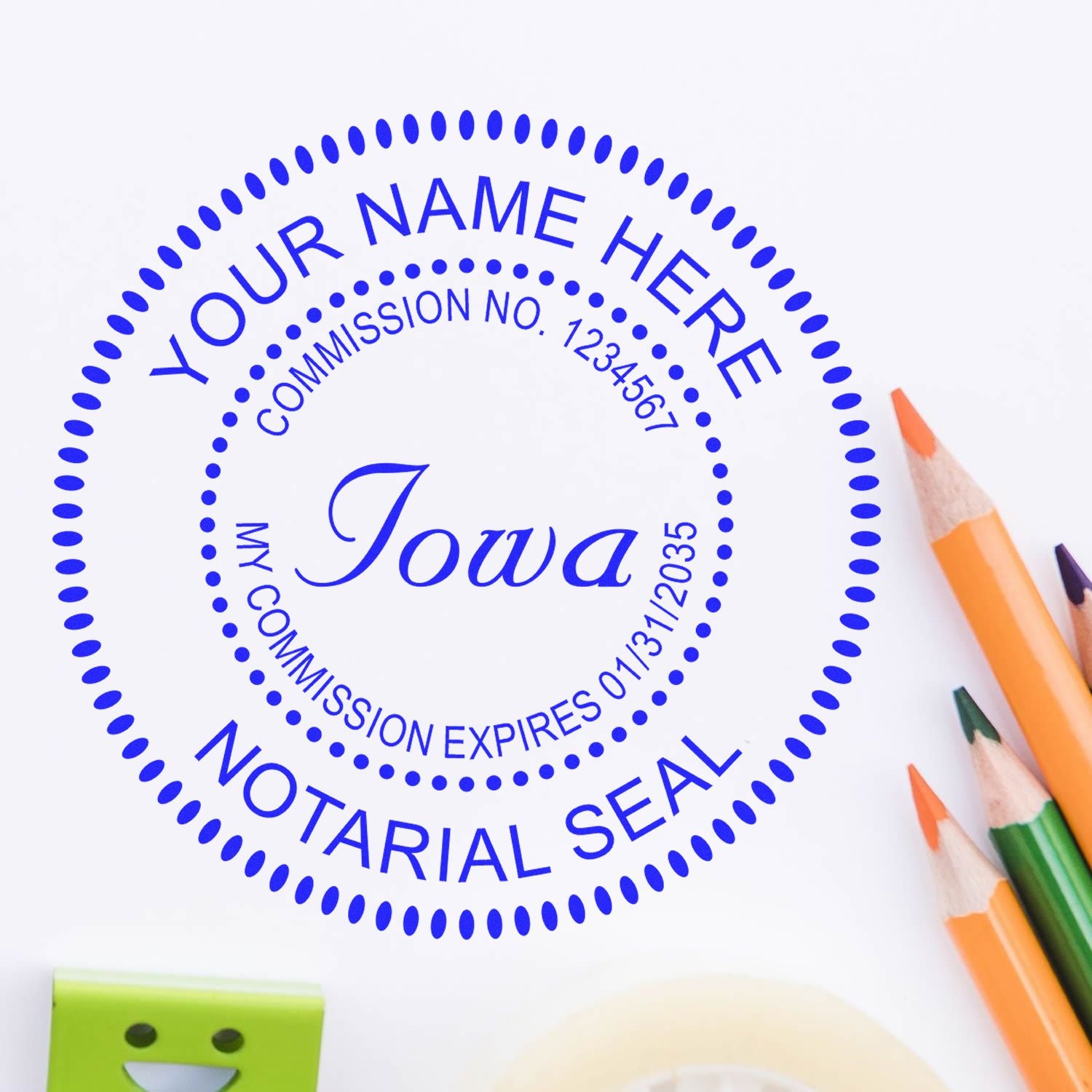 This paper is stamped with a sample imprint of the Round Iowa Notary Public Seal Stamp, signifying its quality and reliability.